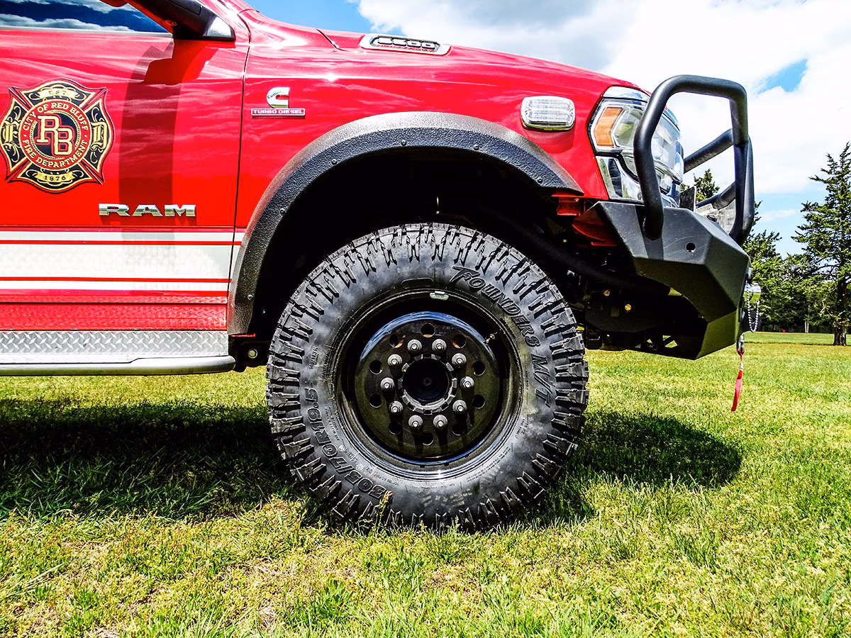 Red Ram fire apparatus tire close-up