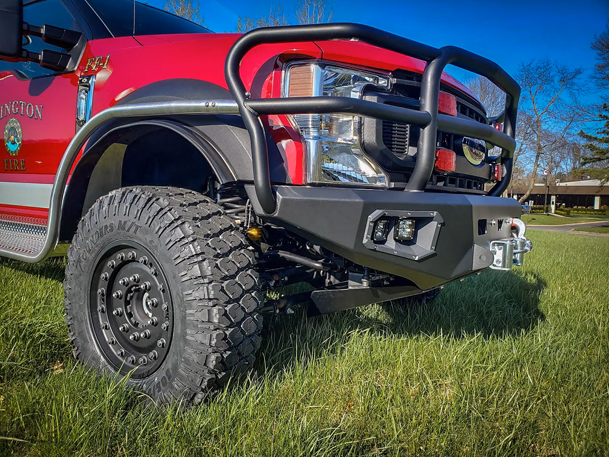 Red Ford fire truck front bumper